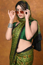 Very Much Indian Handloom Modal Silk Saree With Ajrakh Handblock Print With Eco-Friendly Vegetable Dye - Green
