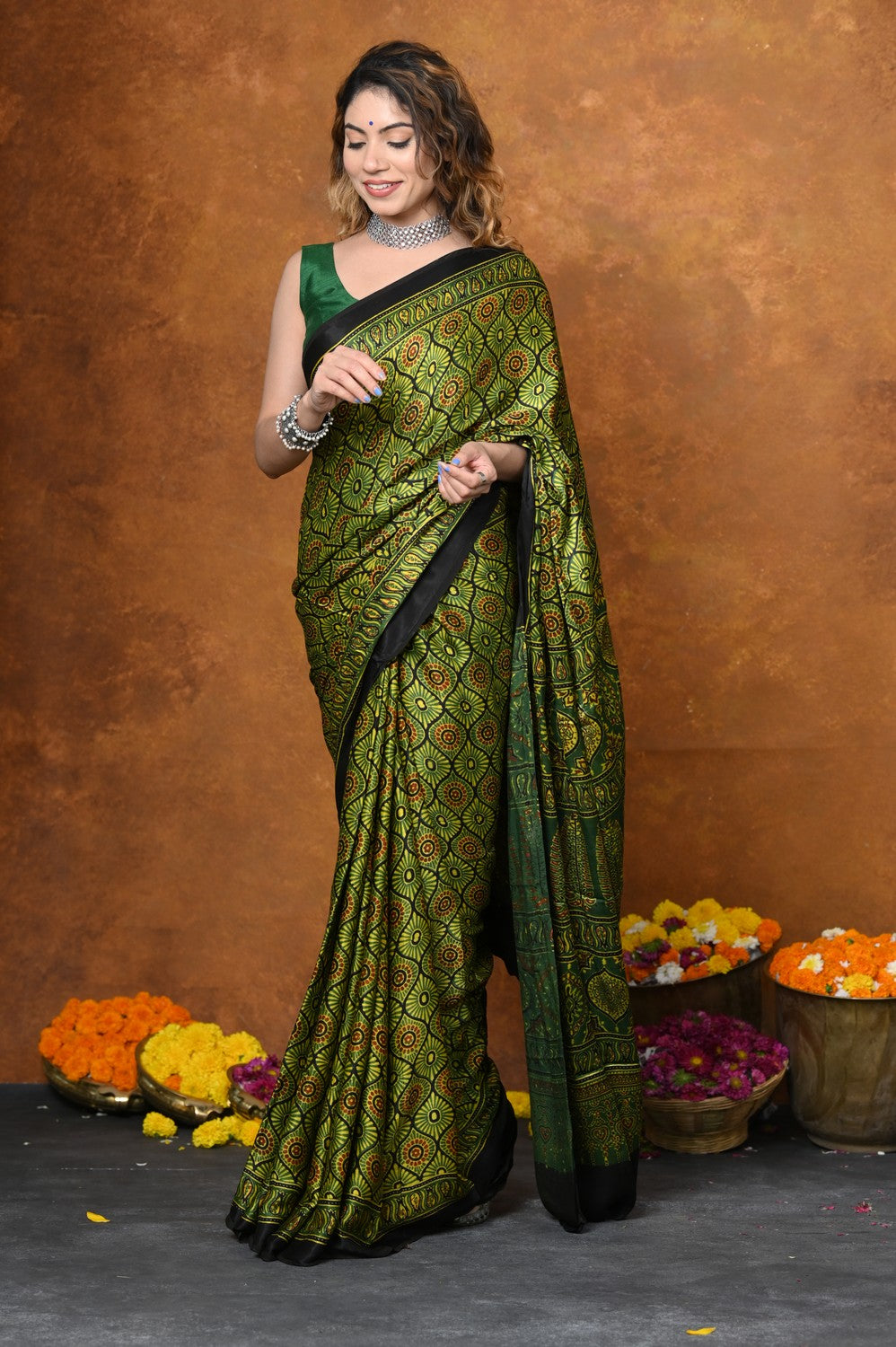 Very Much Indian Handloom Modal Silk Saree With Ajrakh Handblock Print With Eco-Friendly Vegetable Dye - Green