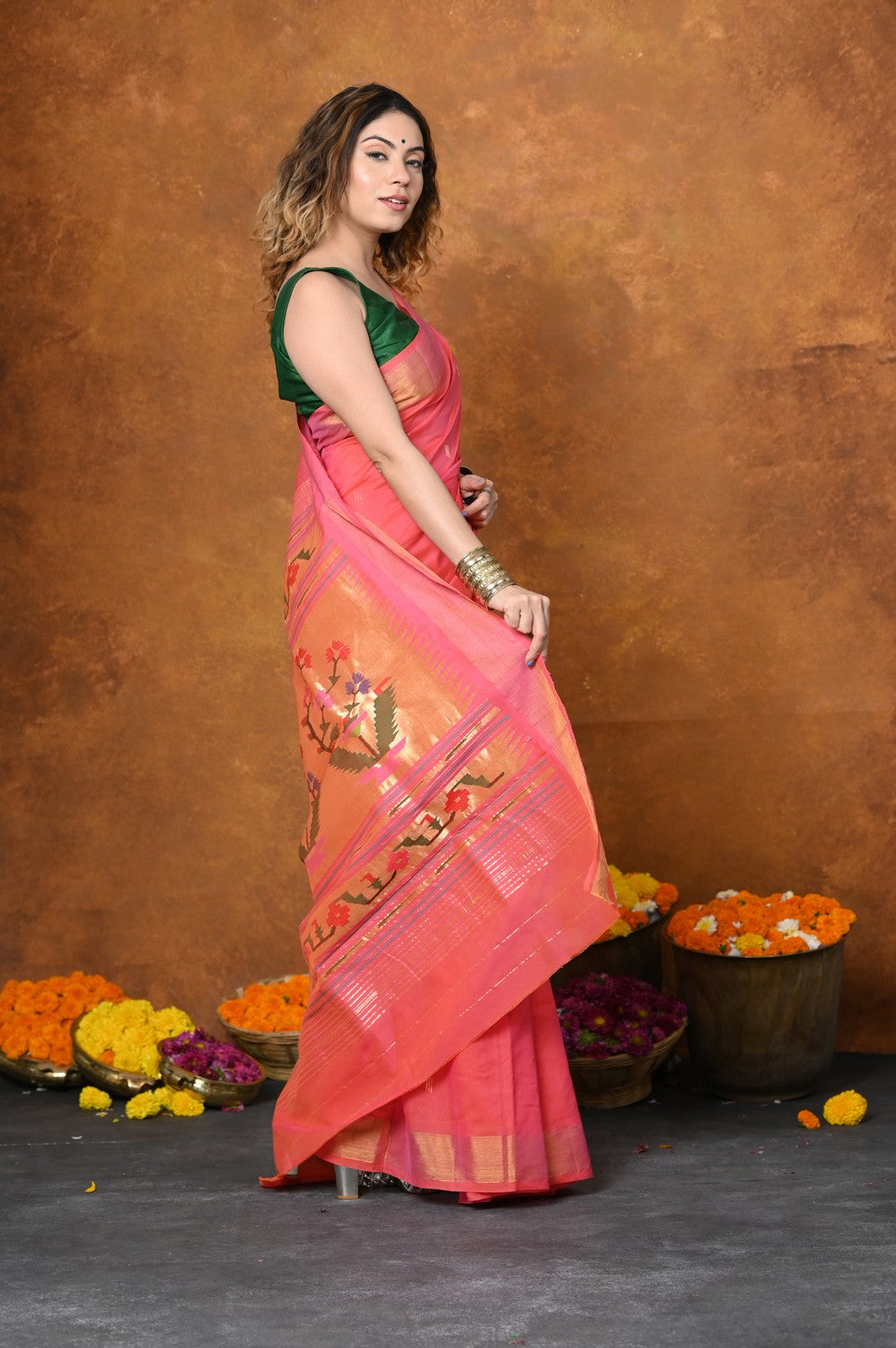 Very Much Indian EXCLUSIVE! Handloom Pure Cotton Paithani With Asawali Pallu - Pink Peach - Distacart