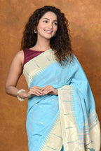 Very Much Indian Authentic Handloom Pure Cotton Paithani with Handcrafted Parrot Pallu - Sky Blue