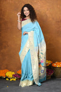 Very Much Indian Authentic Handloom Pure Cotton Paithani with Handcrafted Parrot Pallu - Sky Blue