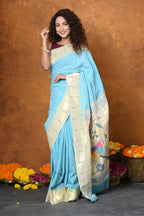 Very Much Indian Authentic Handloom Pure Cotton Paithani with Handcrafted Parrot Pallu - Sky Blue