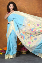 Very Much Indian Authentic Handloom Pure Cotton Paithani with Handcrafted Parrot Pallu - Sky Blue