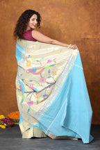 Very Much Indian Authentic Handloom Pure Cotton Paithani with Handcrafted Parrot Pallu - Sky Blue