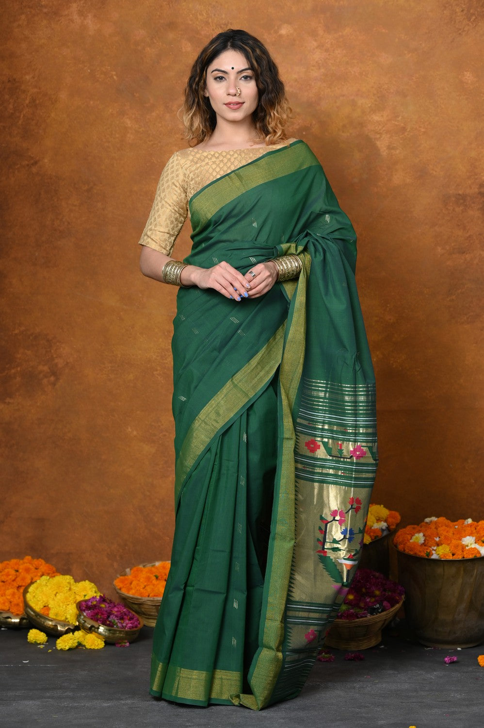 Very Much Indian EXCLUSIVE! Handloom Pure Cotton Paithani With Asawali Pallu - Dark Green