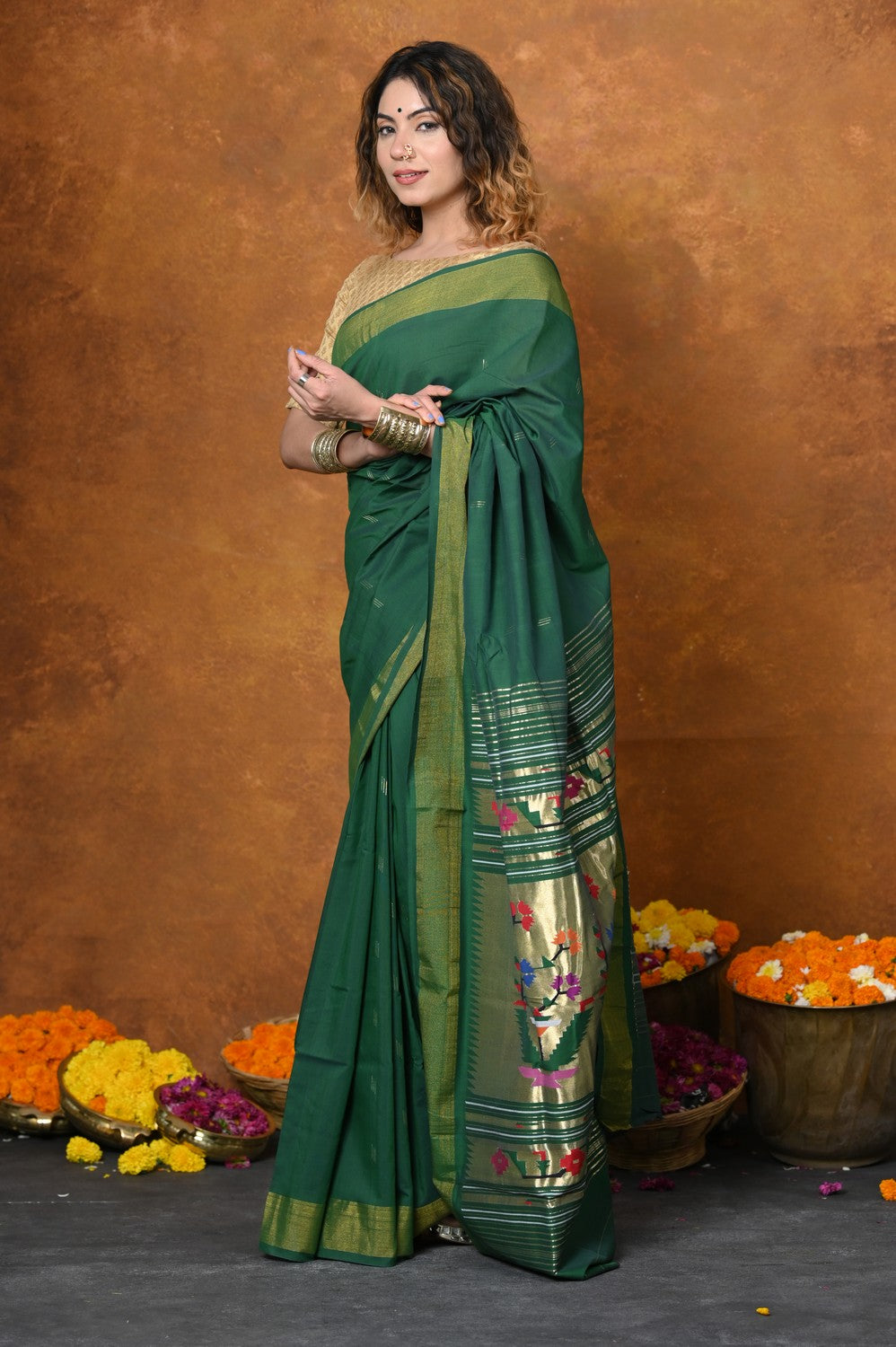 Very Much Indian EXCLUSIVE! Handloom Pure Cotton Paithani With Asawali Pallu - Dark Green