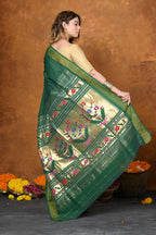 Very Much Indian EXCLUSIVE! Handloom Pure Cotton Paithani With Asawali Pallu - Dark Green