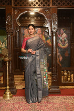 Very Much Indian Authentic Handloom Pure Cotton Paithani with Handcrafted Asawali Pallu - Grey Silver - Distacart