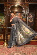 Very Much Indian Authentic Handloom Pure Cotton Paithani with Handcrafted Asawali Pallu - Grey Silver - Distacart