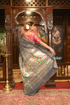 Very Much Indian Authentic Handloom Pure Cotton Paithani with Handcrafted Asawali Pallu - Grey Silver - Distacart