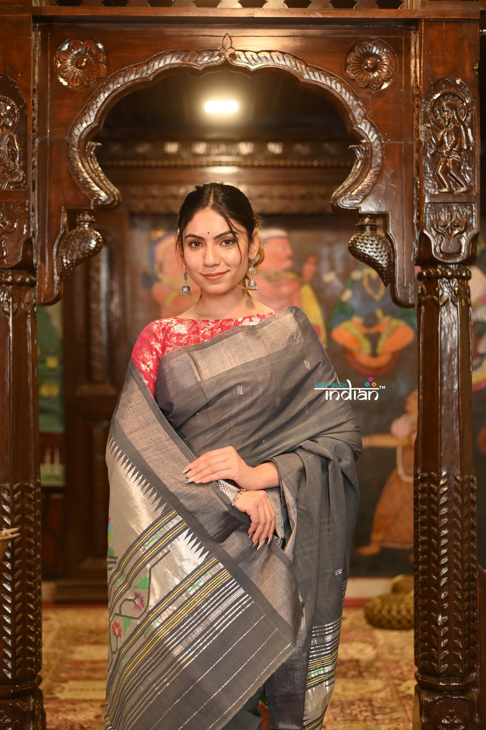 Very Much Indian Authentic Handloom Pure Cotton Paithani with Handcrafted Asawali Pallu - Grey Silver - Distacart