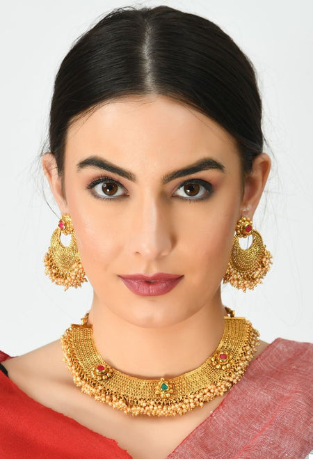 Mominos Fashion Johar Kamal Gold-Polished Brass Finish Stone/Beads Choker For Women (Golden)