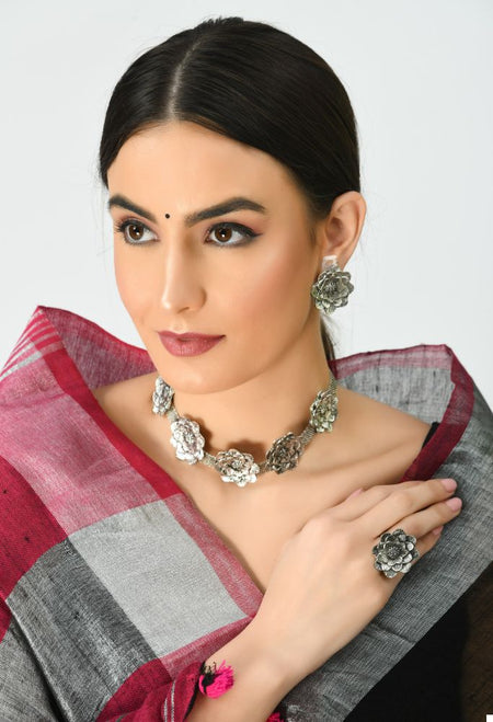 Mominos Fashion Johar Kamal Silver-Plated Brass Finish Rose Design Choker For Women (Silver)
