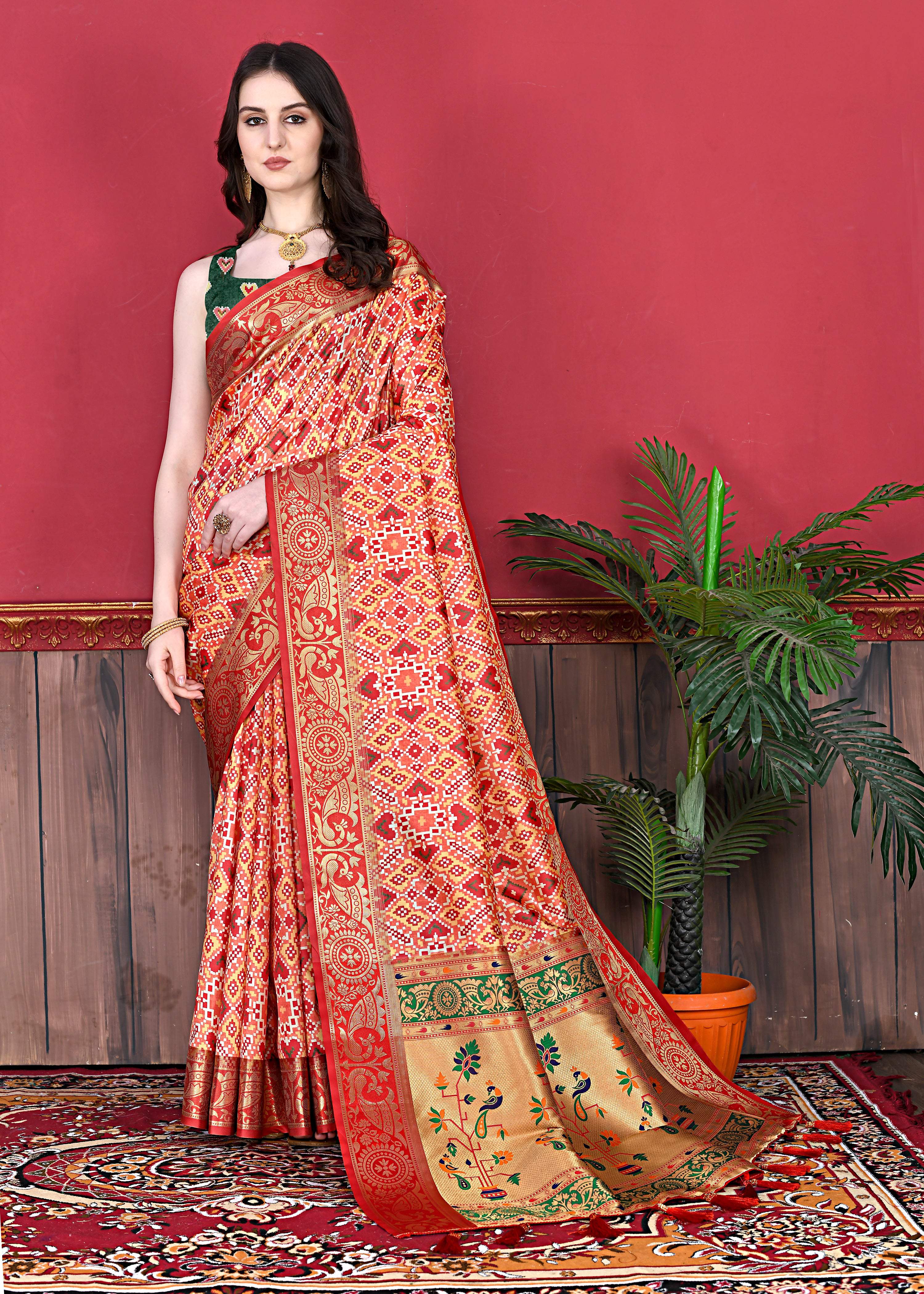 Lorenvalley Fashion Soft Paithani Silk Saree With Patola Print And Contrast Border & Printed Blouse - Mutlicolor