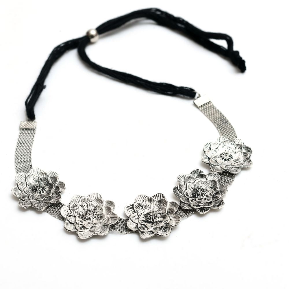 Mominos Fashion Johar Kamal Silver-Plated Brass Finish Rose Design Choker For Women (Silver) - Distacart