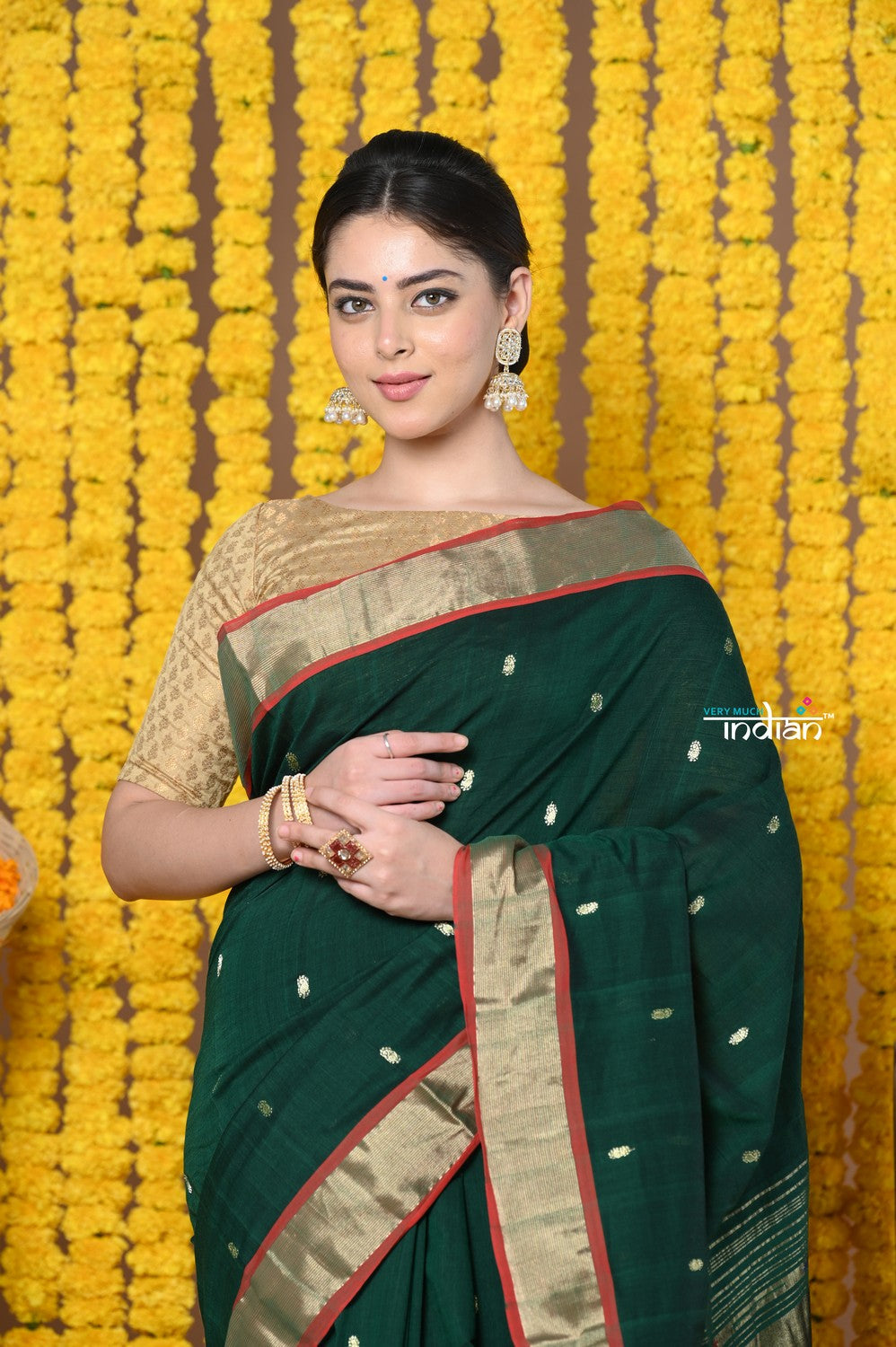 Very Much Indian Rajsi - Handloom Pure Cotton Paithani With Peacock Pallu - Dark Green - Distacart