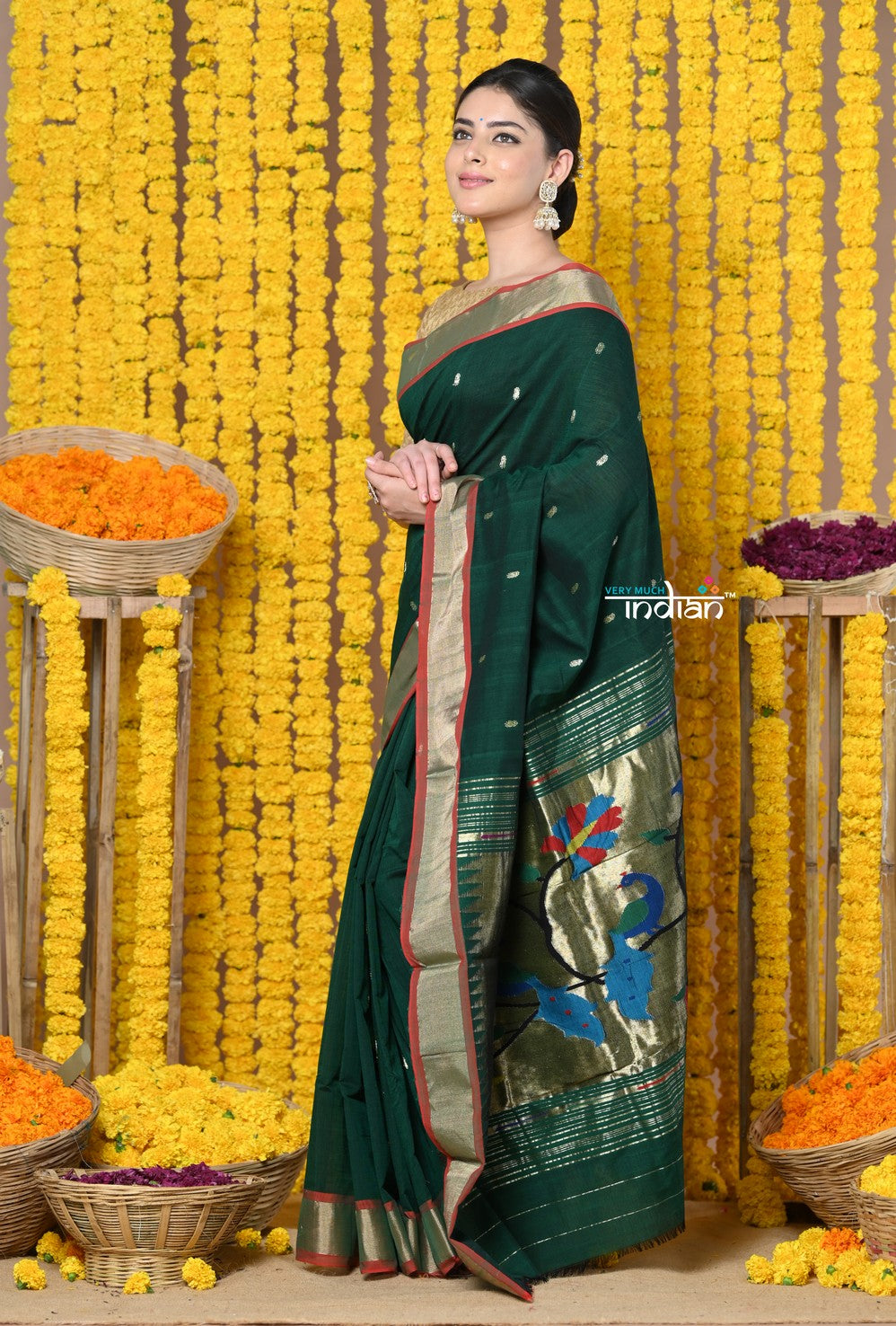 Very Much Indian Rajsi - Handloom Pure Cotton Paithani With Peacock Pallu - Dark Green - Distacart