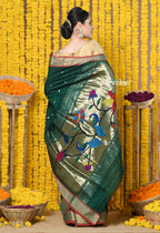 Very Much Indian Rajsi - Handloom Pure Cotton Paithani With Peacock Pallu - Dark Green - Distacart