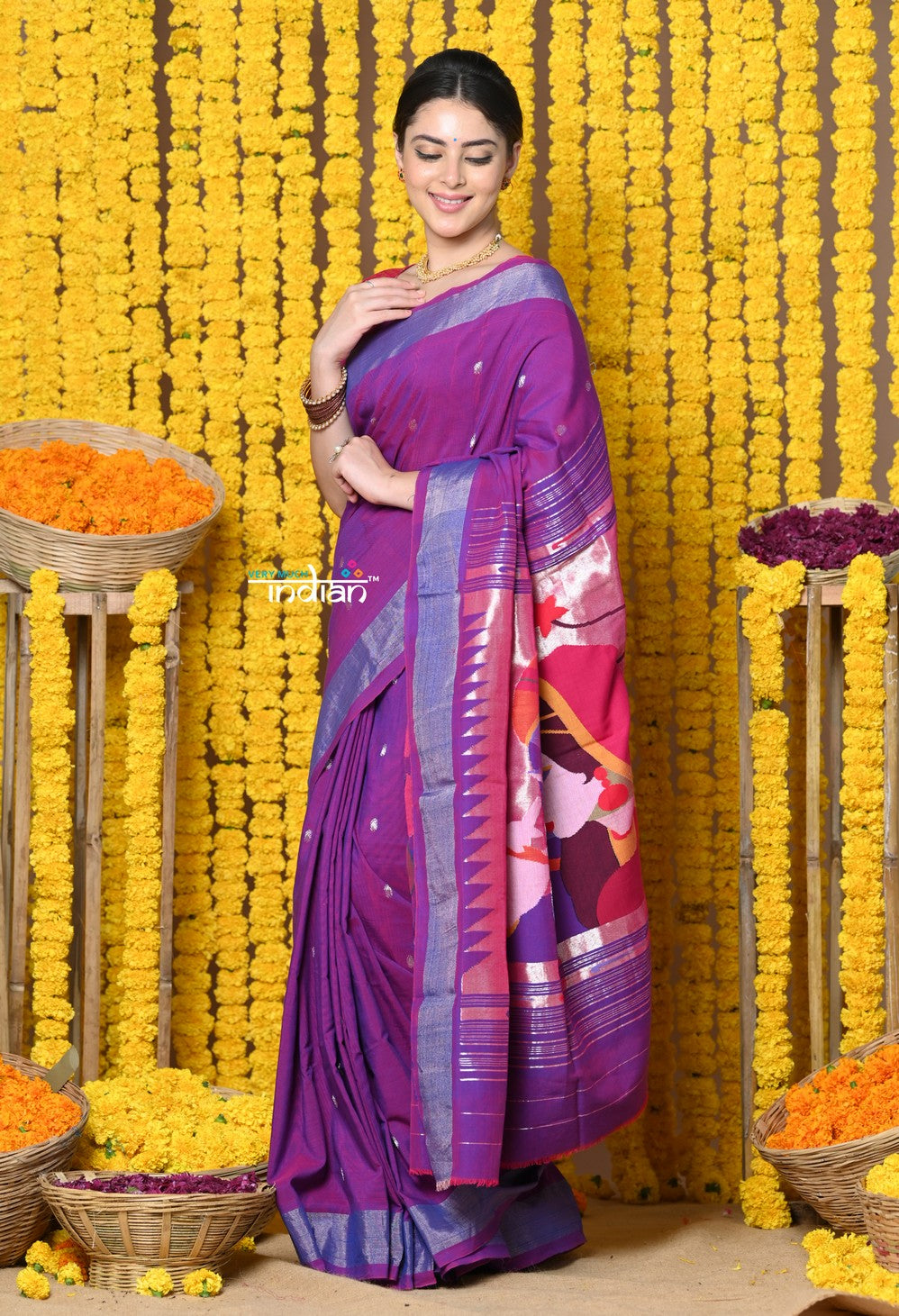 Very Much Indian Rajsi - Handloom Pure Cotton Paithani With Radha Krishna Pallu - Dual Tone Purple - Distacart