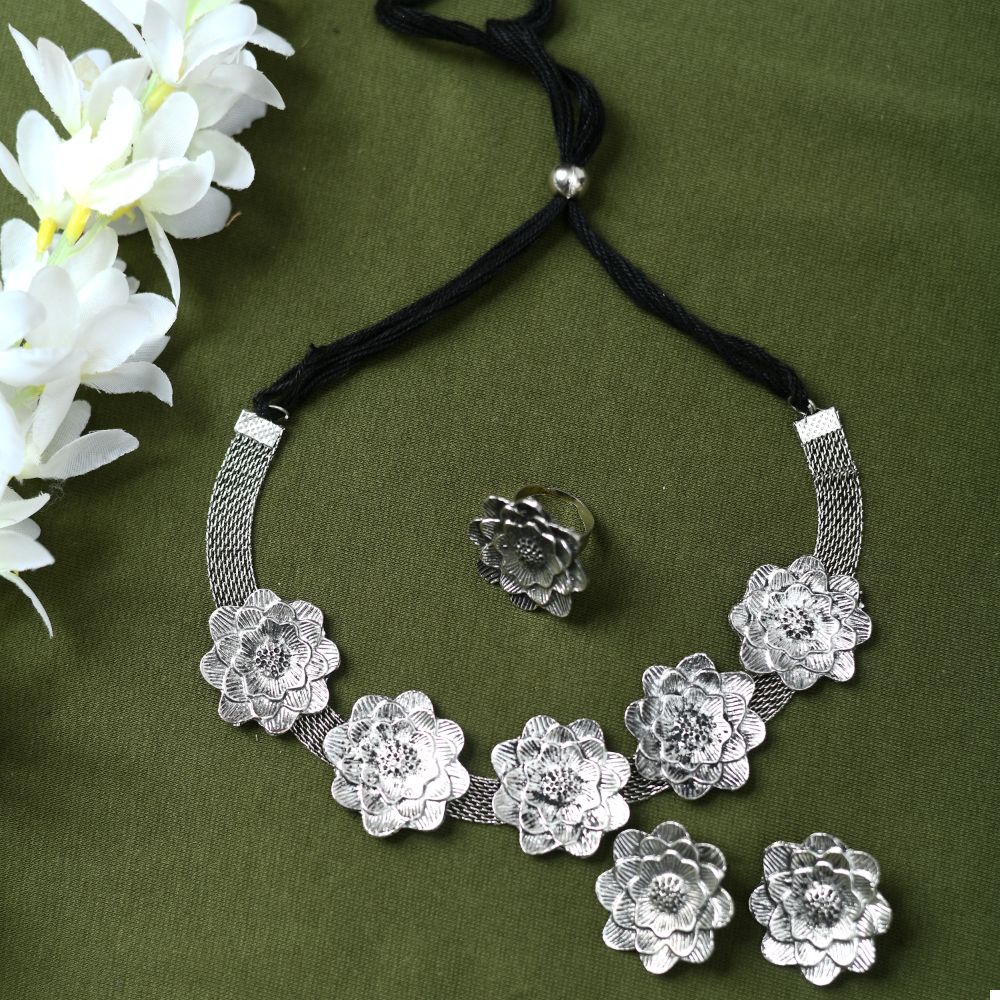 Mominos Fashion Johar Kamal Silver-Plated Brass Finish Rose Design Choker For Women (Silver) - Distacart
