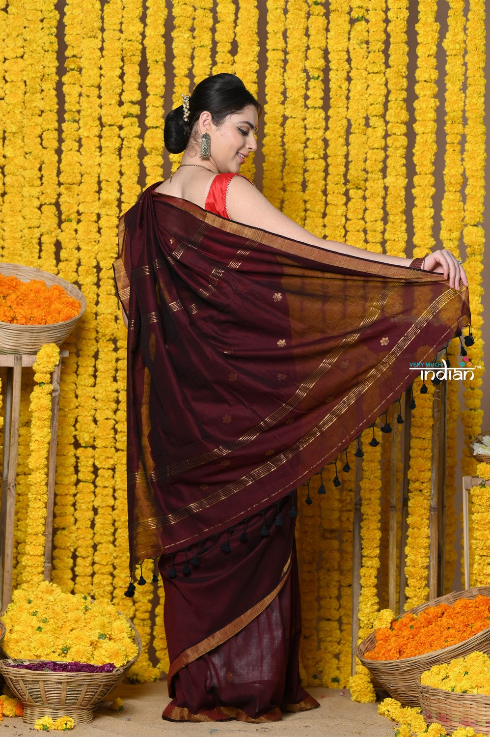 Very Much Indian Rajsi - Designed by VMI! High Quality Mul Cotton Handloom Woven Saree With Sleek Border in Maroon - Distacart