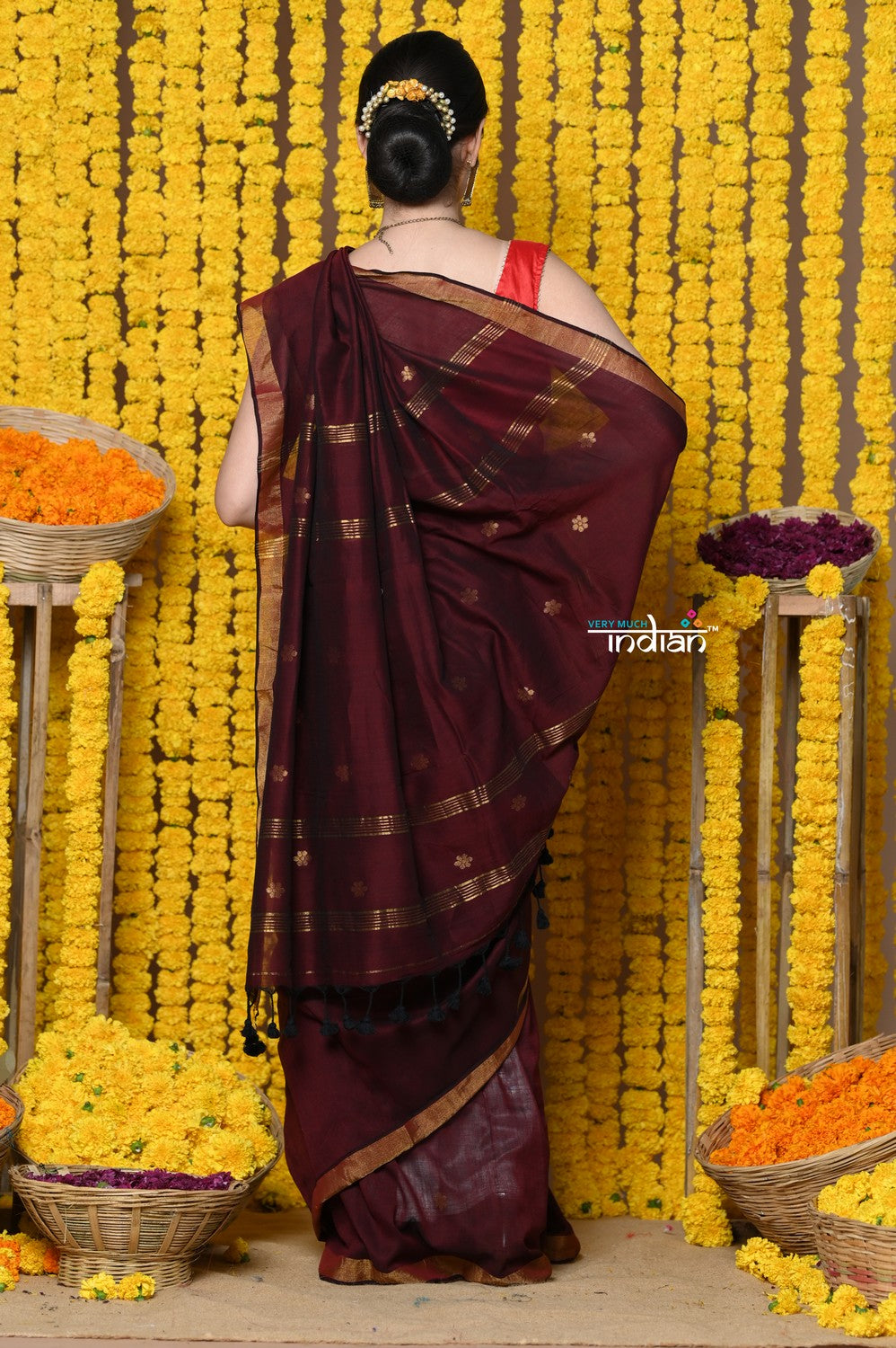 Very Much Indian Rajsi - Designed by VMI! High Quality Mul Cotton Handloom Woven Saree With Sleek Border in Maroon - Distacart