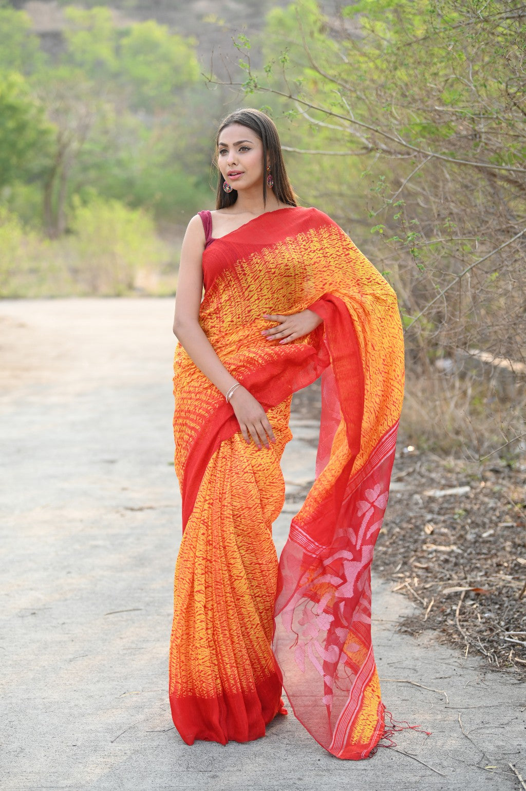 Very Much Indian Pure Matka Silk Handloom Jamdhani with Shibori Tie & Dye (with Silk Mark) - yellow