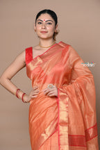 Very Much Indian Rajsi - Handloom Ari Checks Cotton Silk Saree with Golden Border in Orange