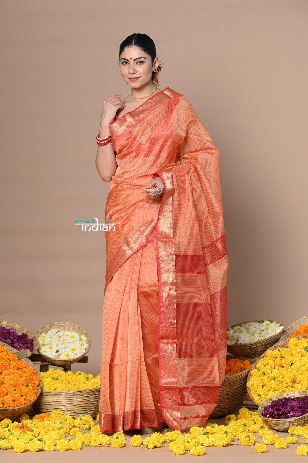 Very Much Indian Rajsi - Handloom Ari Checks Cotton Silk Saree with Golden Border in Orange