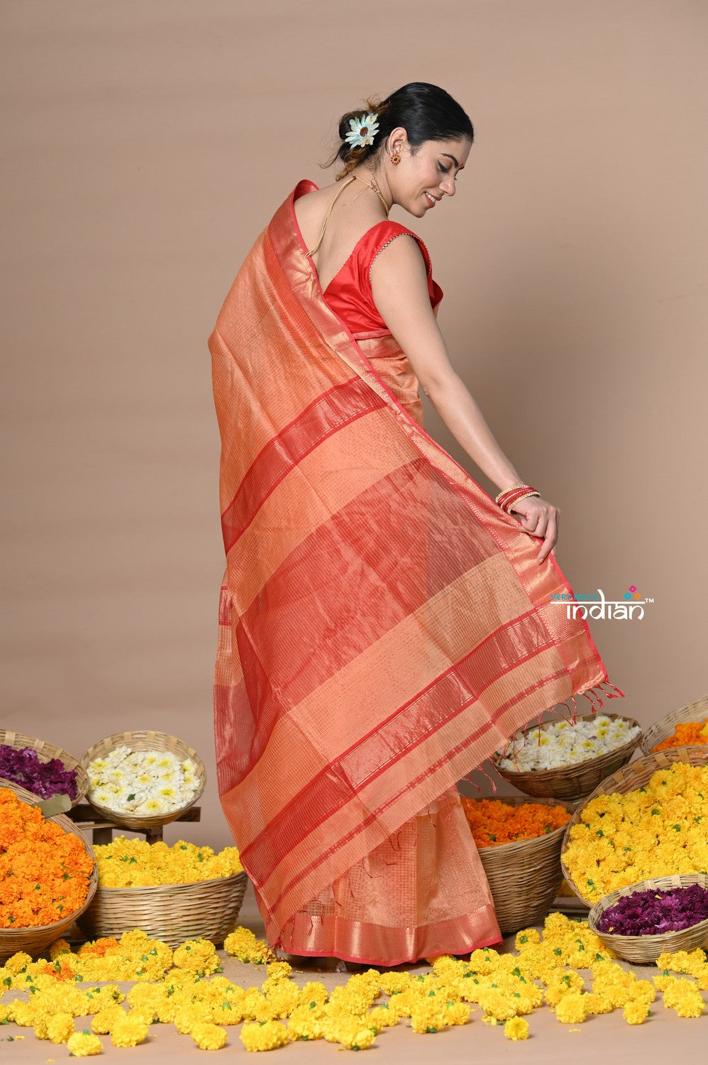 Very Much Indian Rajsi - Handloom Ari Checks Cotton Silk Saree with Golden Border in Orange