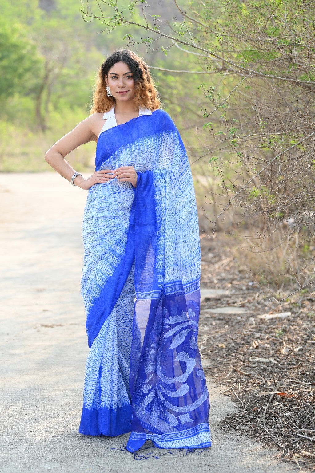 Very Much Indian Pure Matka Silk Handloom Jamdhani with Shibori Tie & Dye (with Silk Mark) - Cerulean Blue