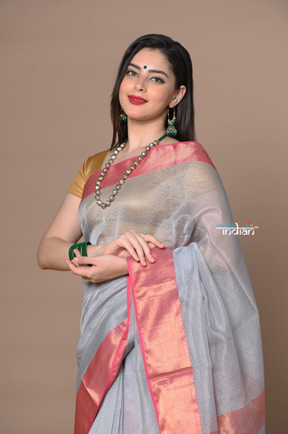 Very Much Indian Rajsi - Handloom Ari Checks Cotton Silk Saree with Golden Border in Grey
