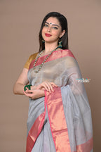 Very Much Indian Rajsi - Handloom Ari Checks Cotton Silk Saree with Golden Border in Grey