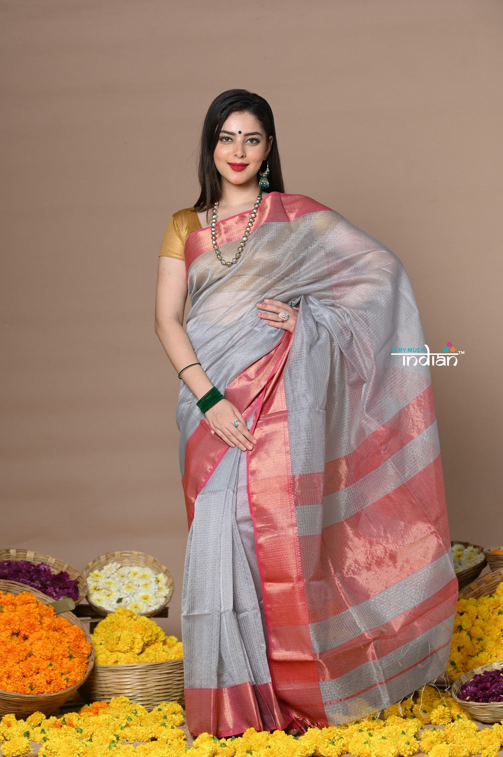 Very Much Indian Rajsi - Handloom Ari Checks Cotton Silk Saree with Golden Border in Grey