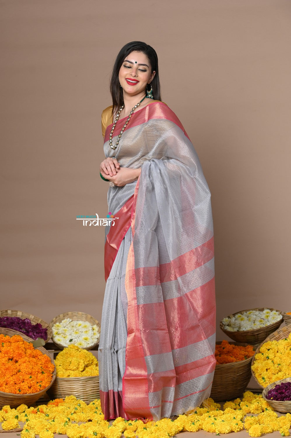 Very Much Indian Rajsi - Handloom Ari Checks Cotton Silk Saree with Golden Border in Grey