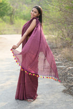 Very Much Indian Designer Pure Cotton Sarees with All over Linear Stripes - Maroon - Distacart