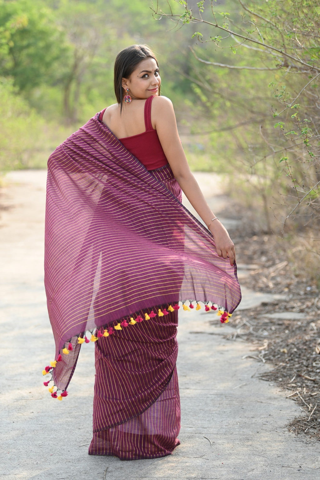 Very Much Indian Designer Pure Cotton Sarees with All over Linear Stripes - Maroon - Distacart