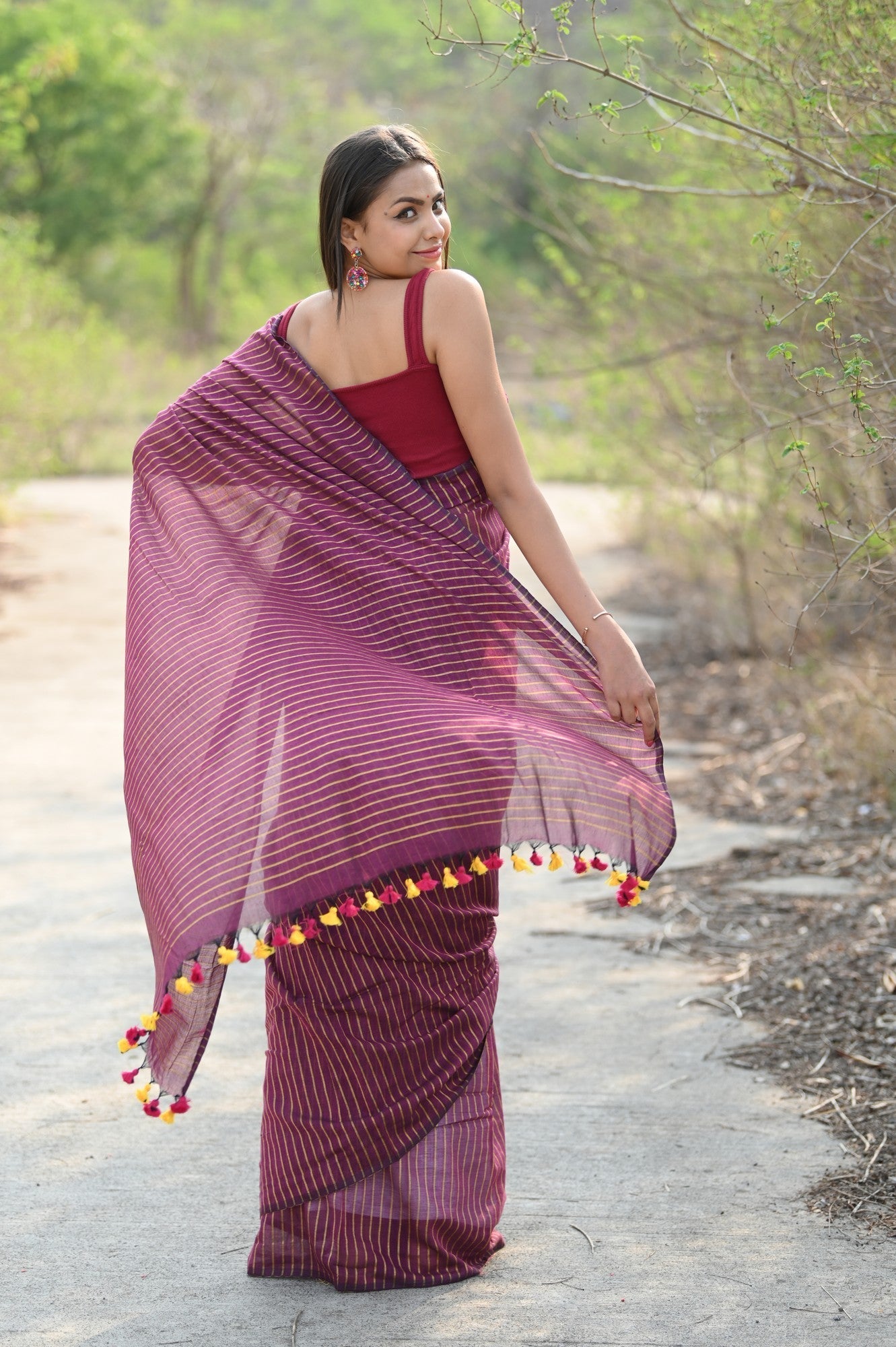 Very Much Indian Designer Pure Cotton Sarees with All over Linear Stripes - Maroon - Distacart