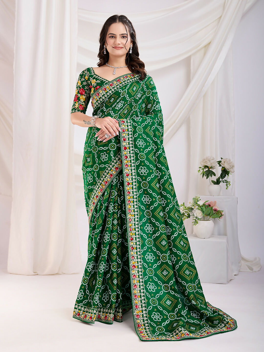 Green Vichitra Silk Bandhani Printed, Embroidery Work Saree - Ditya
