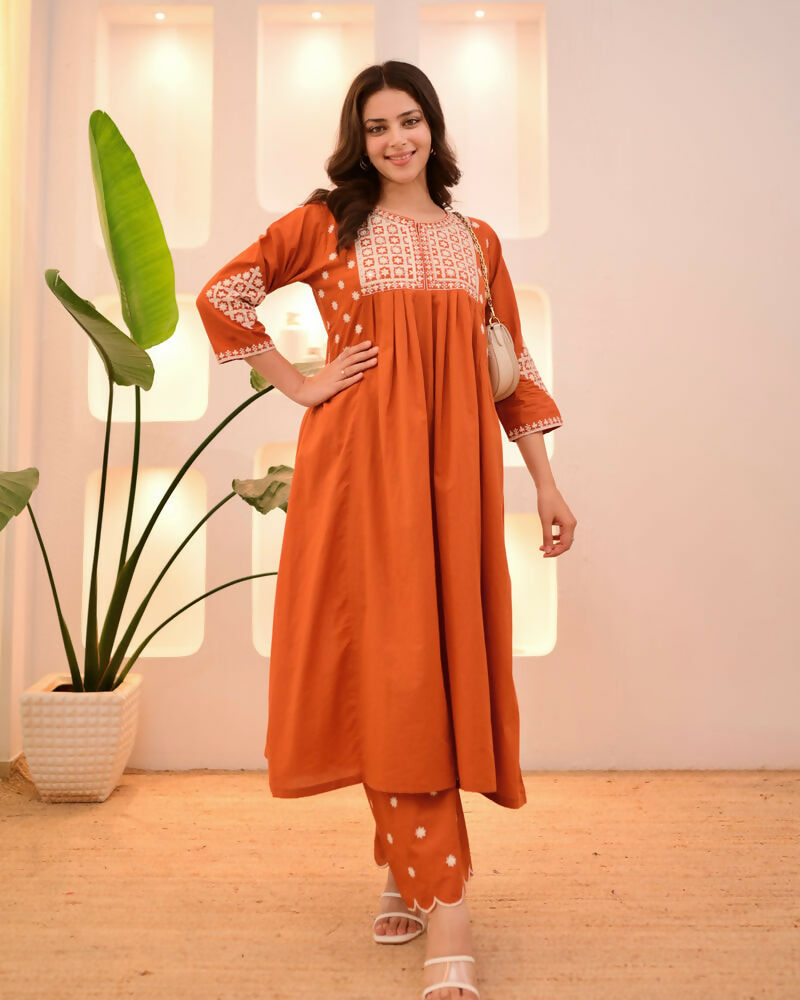 The52 Women's Beautiful Viscose Rayon Fabric Thread Work Flared Kurta Pant Set - Distacart