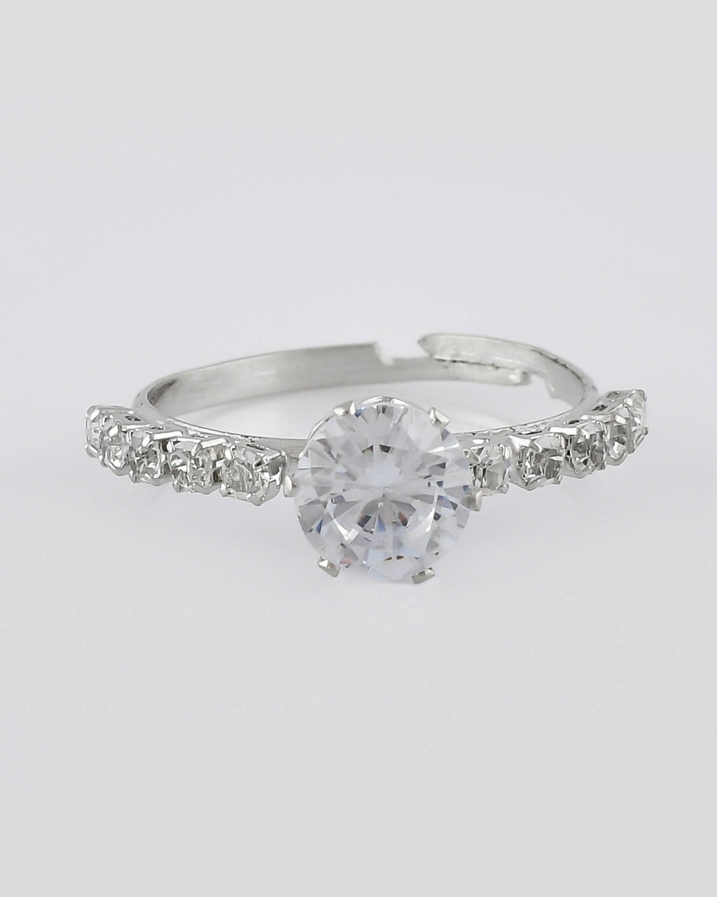 VOJ white CZ-detail Stainless Steel Cubic Zirconia Silver Plated Adjustable Finger Ring