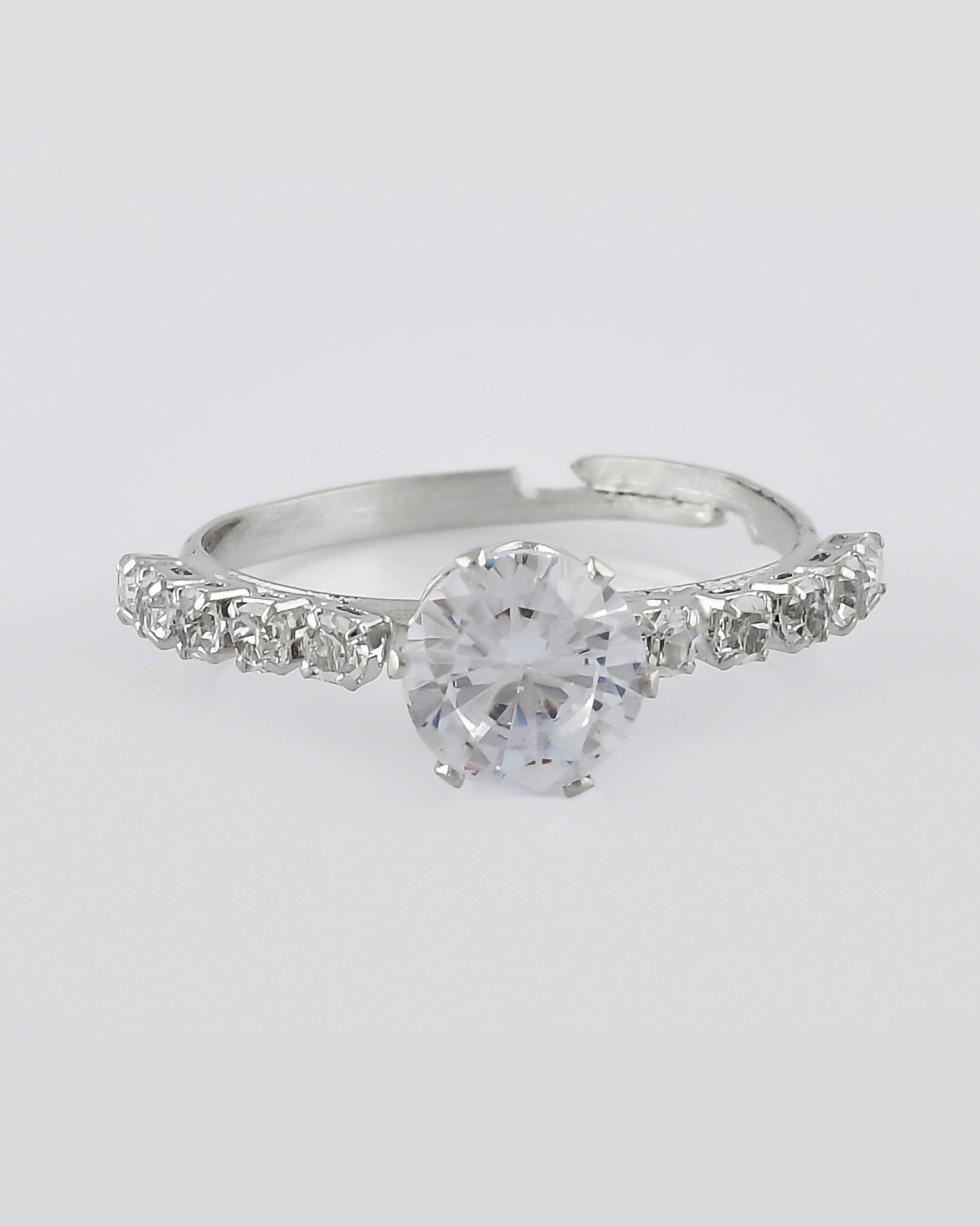 VOJ white CZ-detail Stainless Steel Cubic Zirconia Silver Plated Adjustable Finger Ring