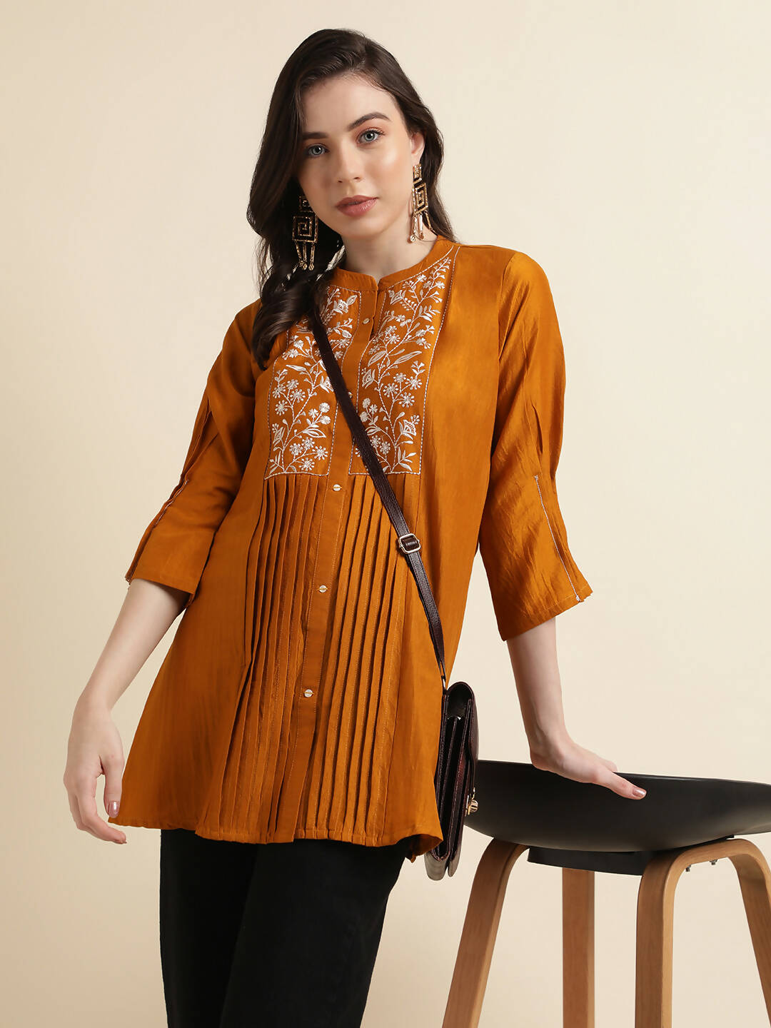 Mustard Chinon Yoke Embroidered A-line Top - Tarini