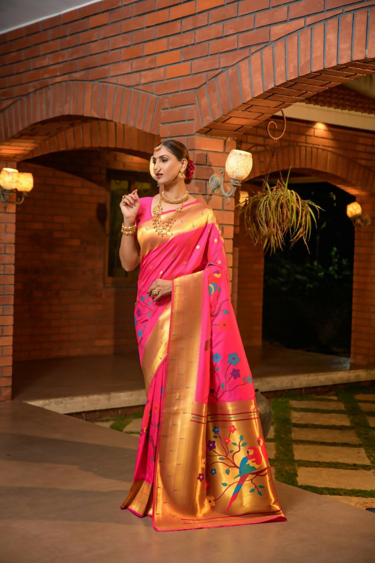 Jyoti Fashion Women's Baby Pink Paithani Silk Zari Woven Saree with Blouse