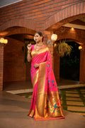 Jyoti Fashion Women's Baby Pink Paithani Silk Zari Woven Saree with Blouse