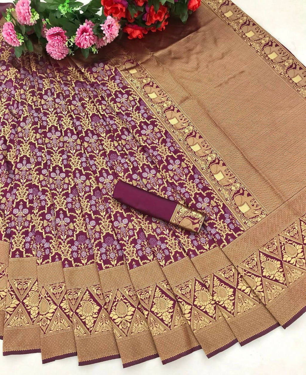 DEIANA'S Beautiful Designer Golden zari Soft Lichi Silk Saree - Wine
