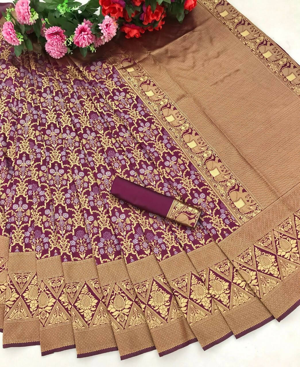 DEIANA'S Beautiful Designer Golden zari Soft Lichi Silk Saree - Wine