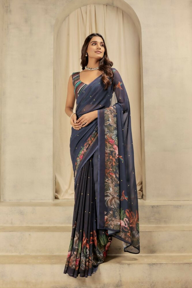 Navy Blue Georgette Designer Printed Party Wear Saree - Cinderella