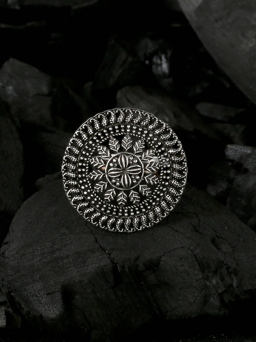 NVR Women's Oxidised Silver Plated Adjustable Finger Ring