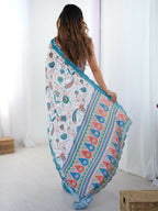 Off White Chinon Designer Digital Printed,Mirror Cut Work Saree - Elayna
